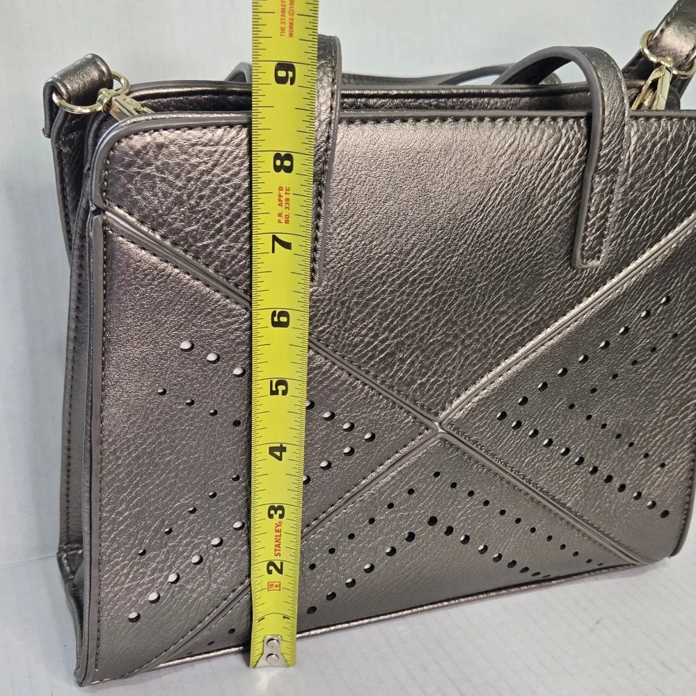 Metallic Pewter Perforated Leather Satchel Crossbody Bag Gunmetal Gray Gold Zip